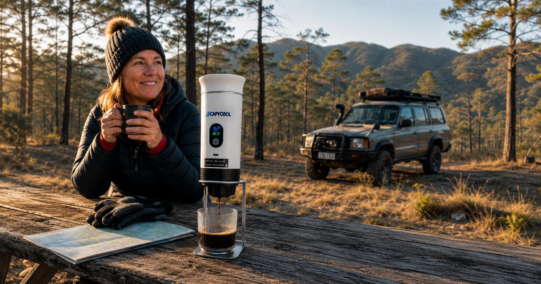 Woman in a beanie and puffer jacket brewing coffee with a portable device at a wooden table during a winter camping trip.