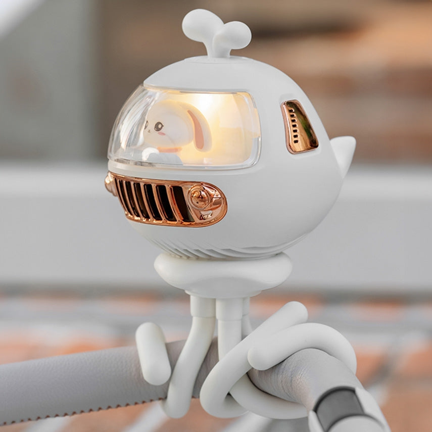 Cute white pram fan with a bunny pilot, rose gold accents, and flexible tripod legs.