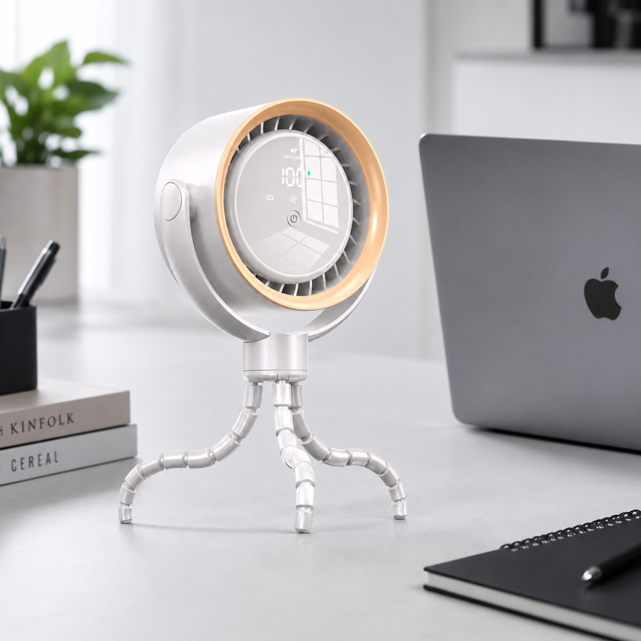 White CapyBreeze pram fan with a flexible tripod, wood-grain accent, and LED touch display showing "100%".