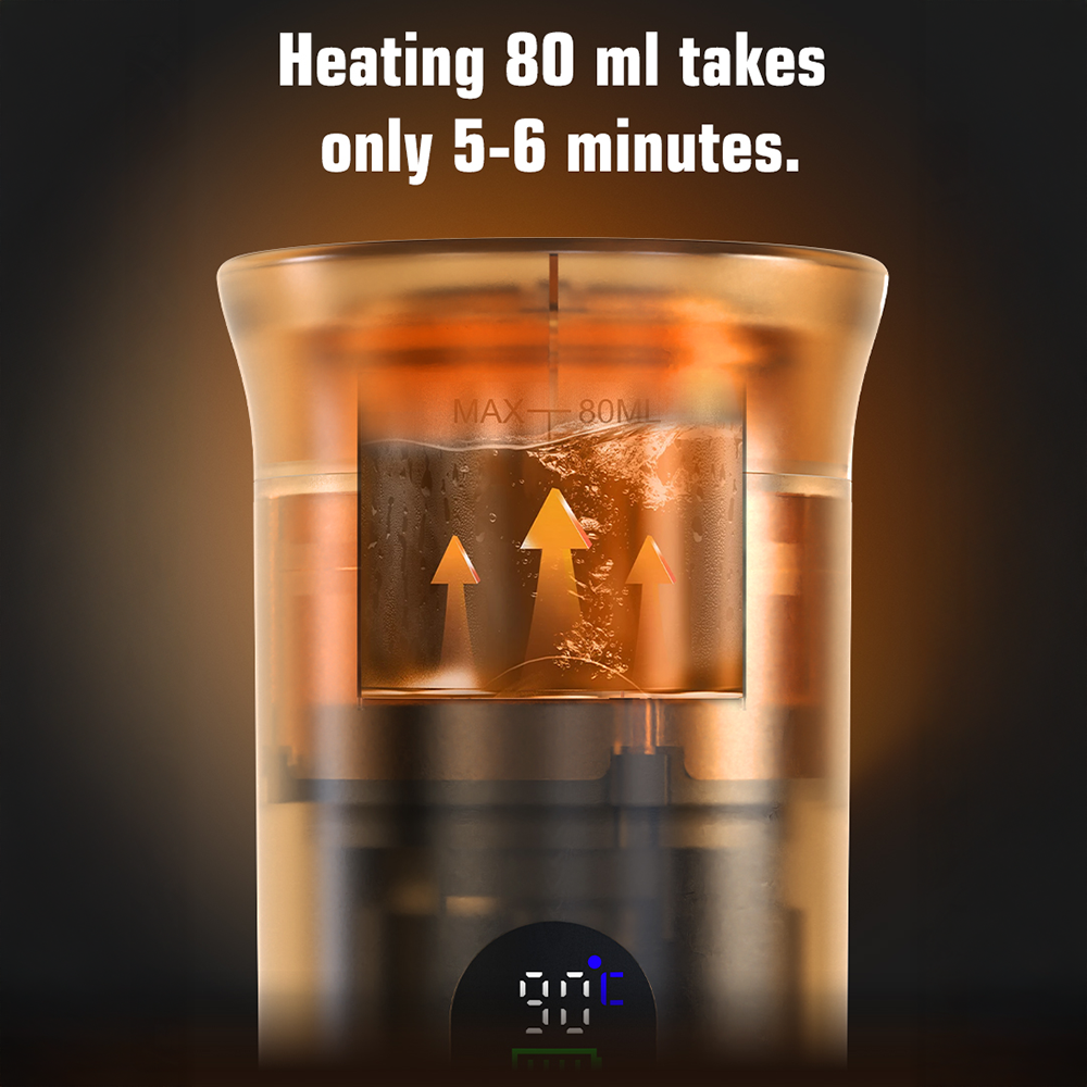 CapyPress portable coffee machine heating water in a clear tank with 80ml marker and digital display.