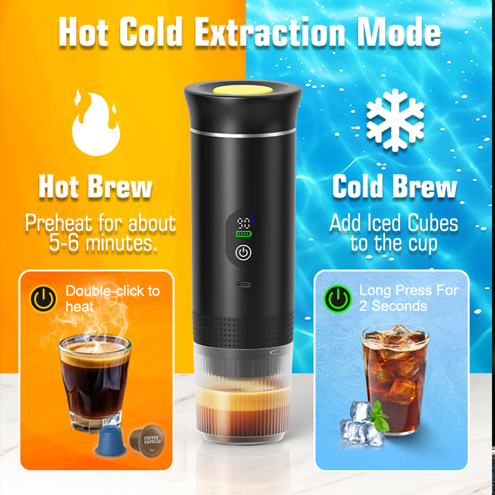 Black CapyPress 3-in-1 portable coffee machine with clear cup, brewing hot espresso and cold brew.