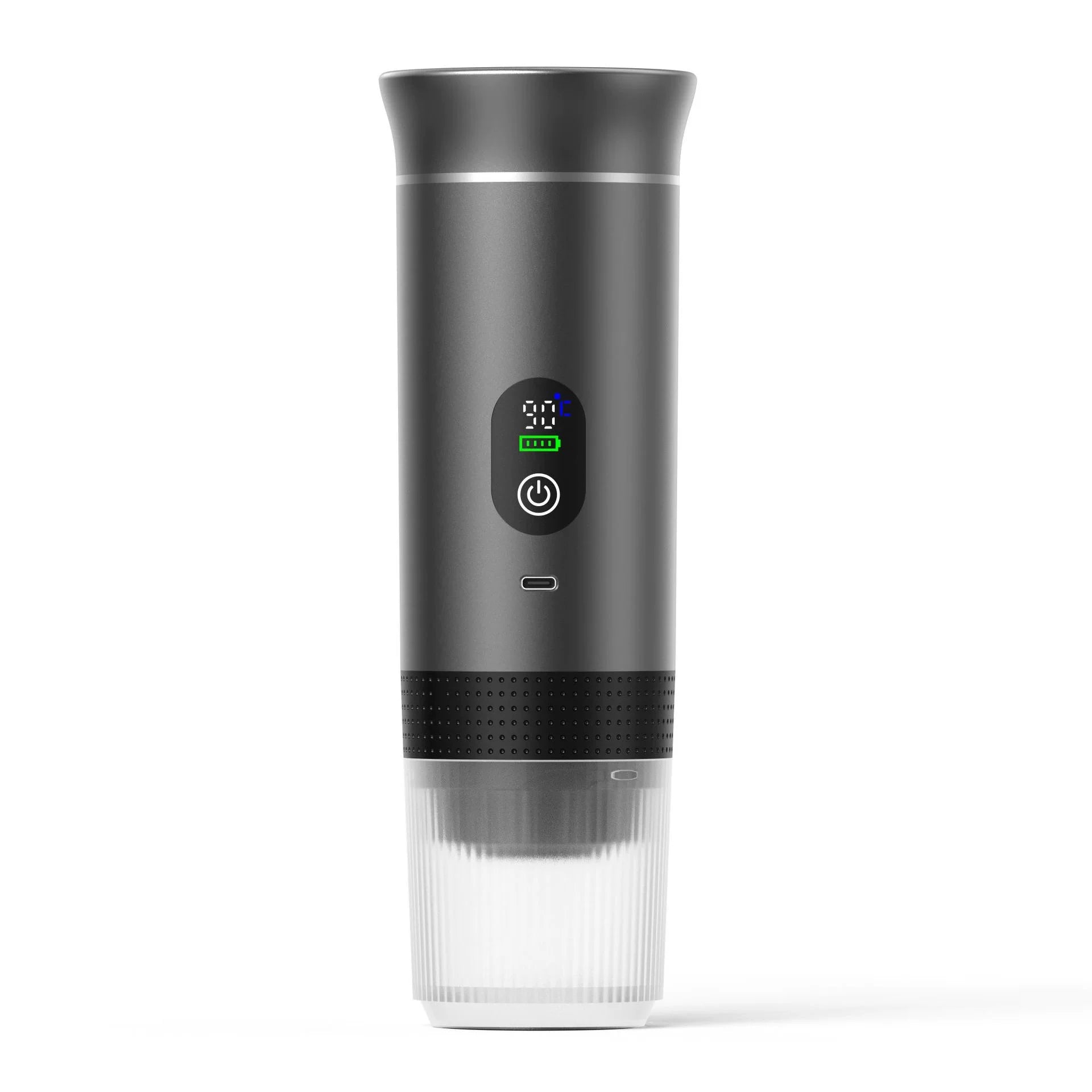 Sleek dark grey CapyPress 3-in-1 portable coffee machine with digital display, power button, and clear ribbed cup.