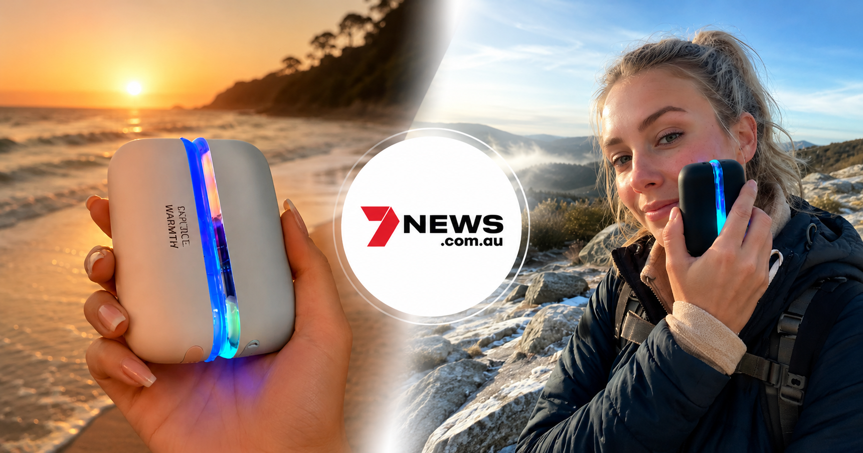 Person holding a glowing CapyCool hand warmer against beach and mountain backgrounds with 7NEWS logo.
