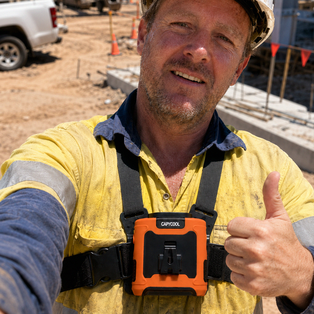 Man in a hard hat and yellow work shirt wearing an orange and black CapyCool waist fan chest strap.