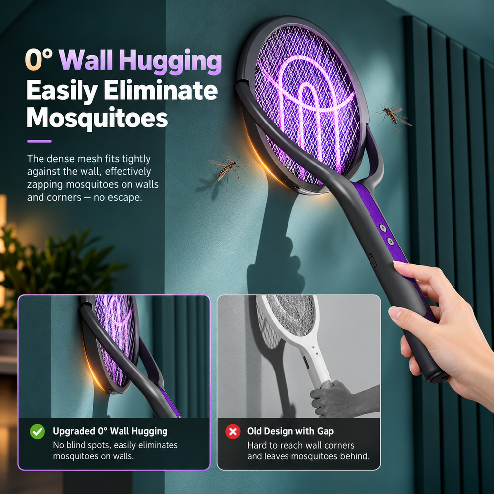 CapyZap 90 degree wall-hugging electric mosquito racket demonstrating improved reach against a wall