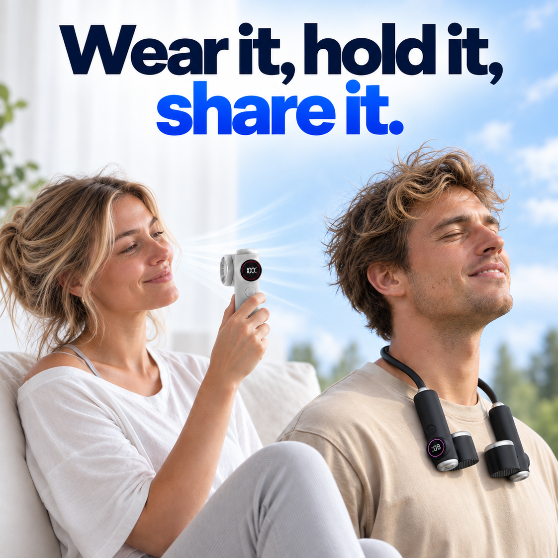 CapyDuo worn hands-free around the neck and used as a separate handheld fan