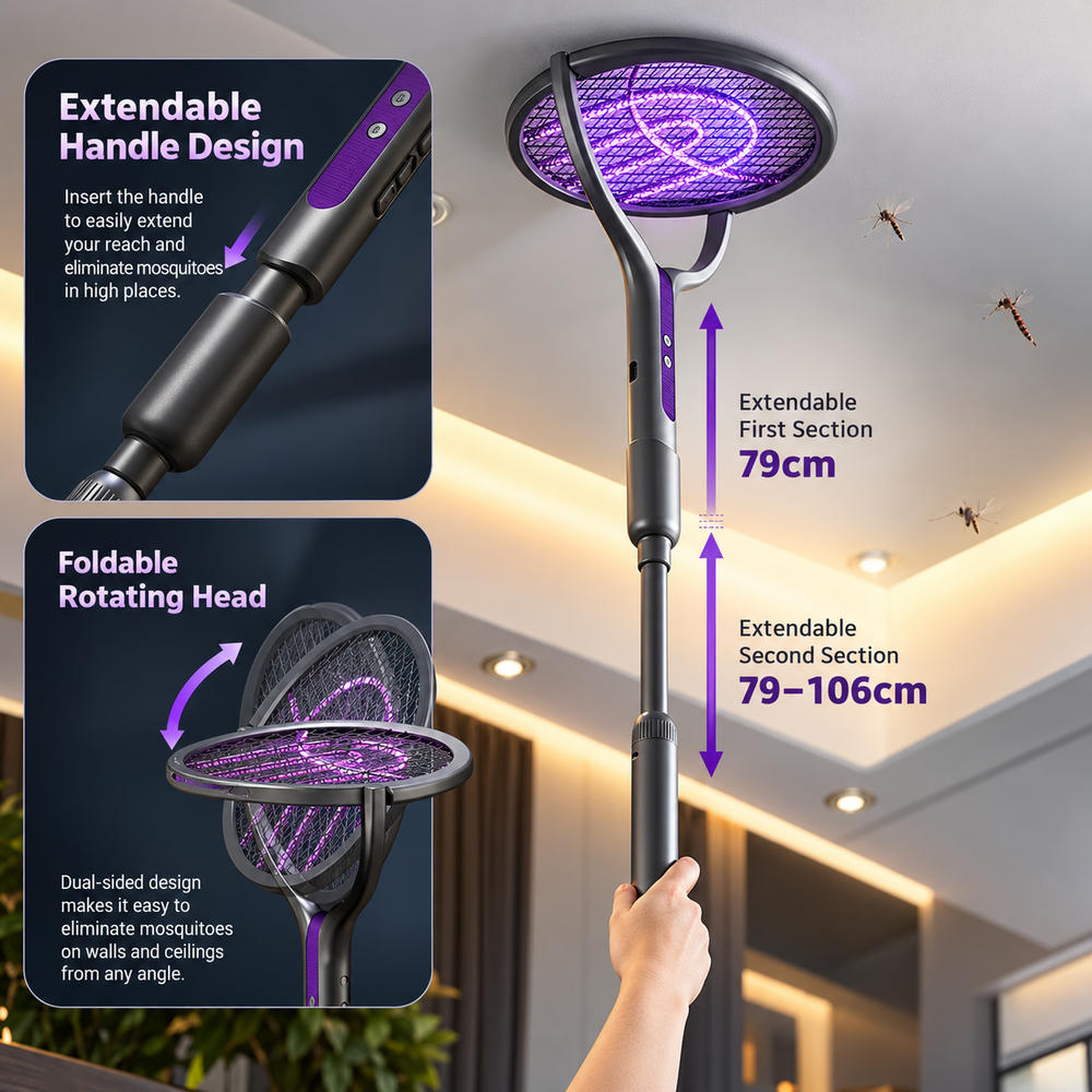 CapyZap electric mosquito racket with two-stage extendable telescopic handle reaching towards the ceiling