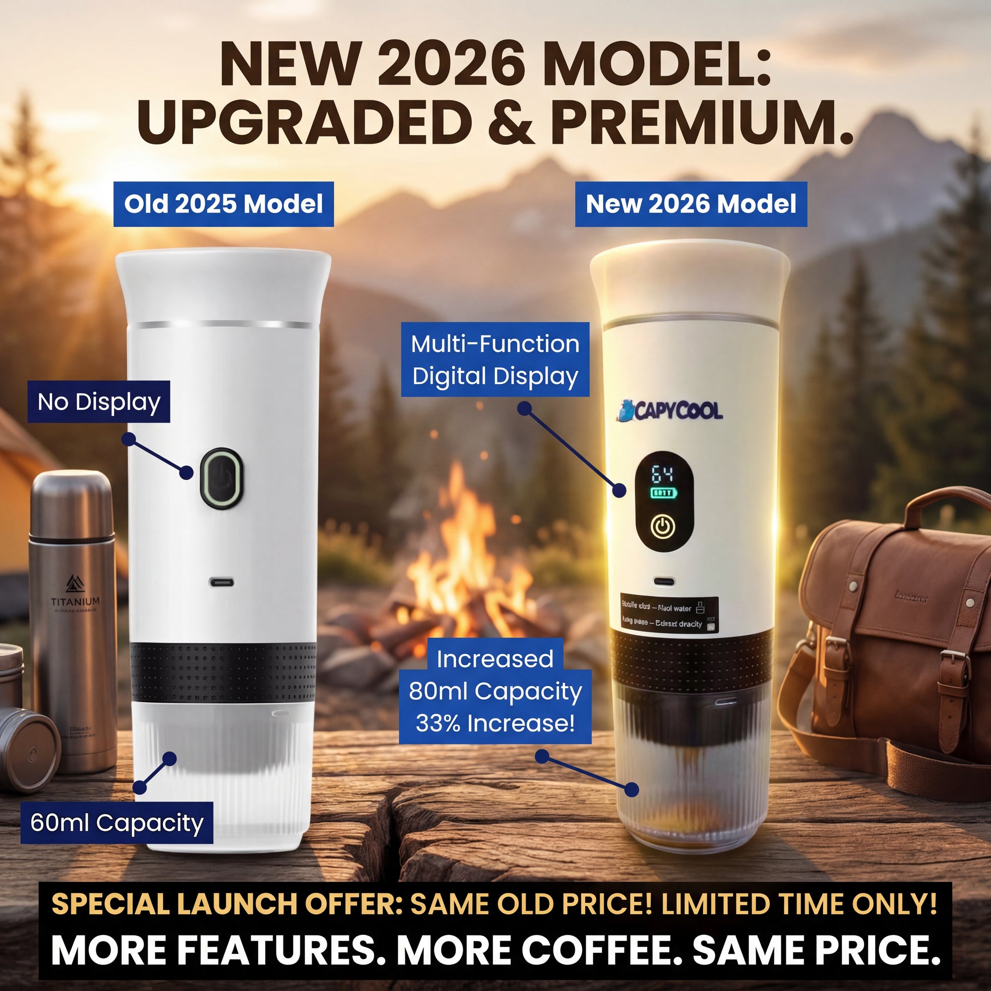 White CapyPress 2026 portable coffee machine with digital display, 80ml capacity, next to 2025 model.