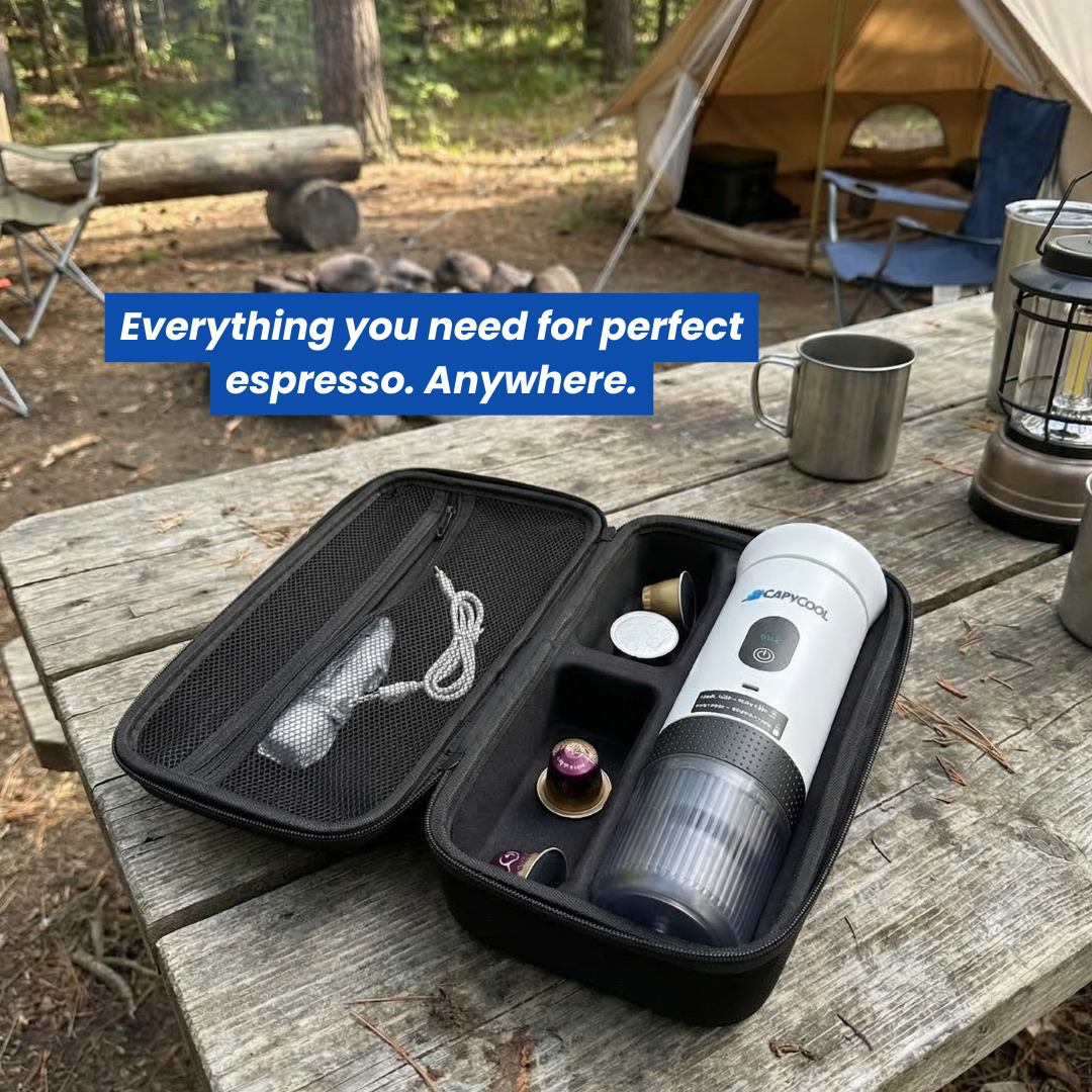 White CapyPress 3-in-1 portable coffee machine in a black carry case with capsules, on a wooden picnic table at a campsite.