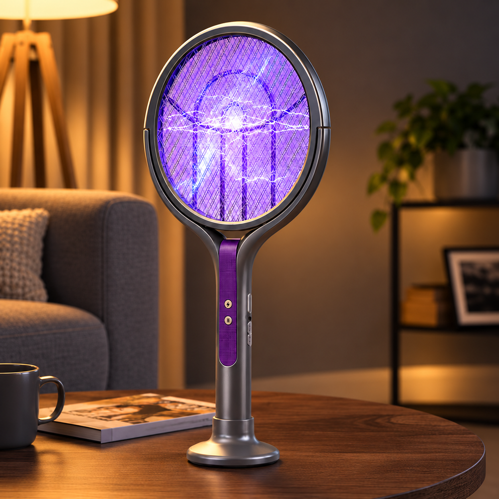 CapyZap electric mosquito zapper standing on its freestanding base with purple illuminated Mozzie Patrol mode