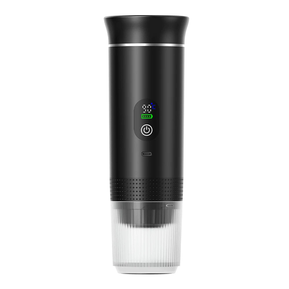 Sleek black CapyPress 3-in-1 portable coffee machine with digital display and clear cup.