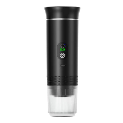 Sleek black CapyPress 3-in-1 portable coffee machine with digital display and clear cup.