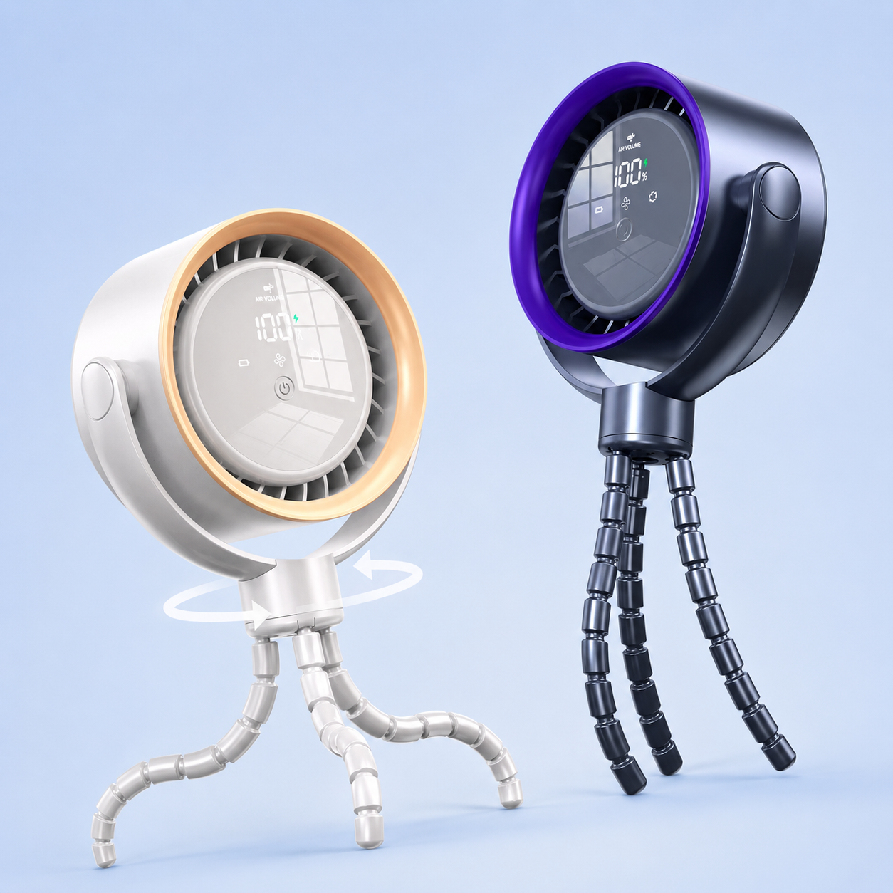 Two CapyBreeze pram fans with LED touch displays: one white with a gold ring and flexible white tripod, the other black with a purple ring and black tripod.