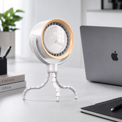 White CapyBreeze pram fan with a flexible tripod, wood-grain accent, and LED touch display showing "100%".