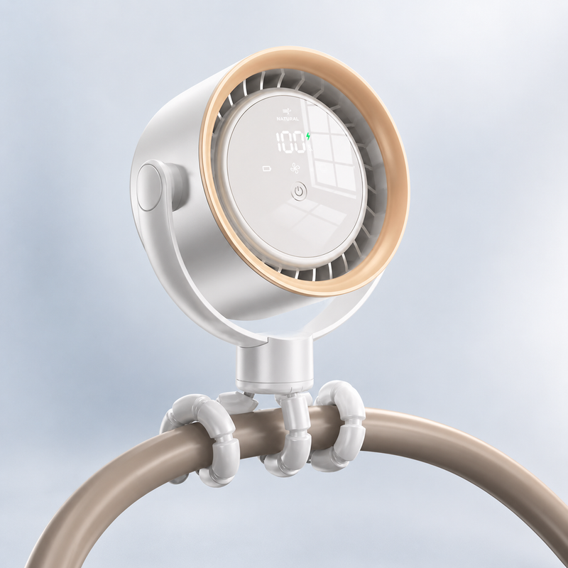 White CapyBreeze pram fan with a gold trim, LED touch display, and flexible octopus-style tripod legs gripping a brown bar.