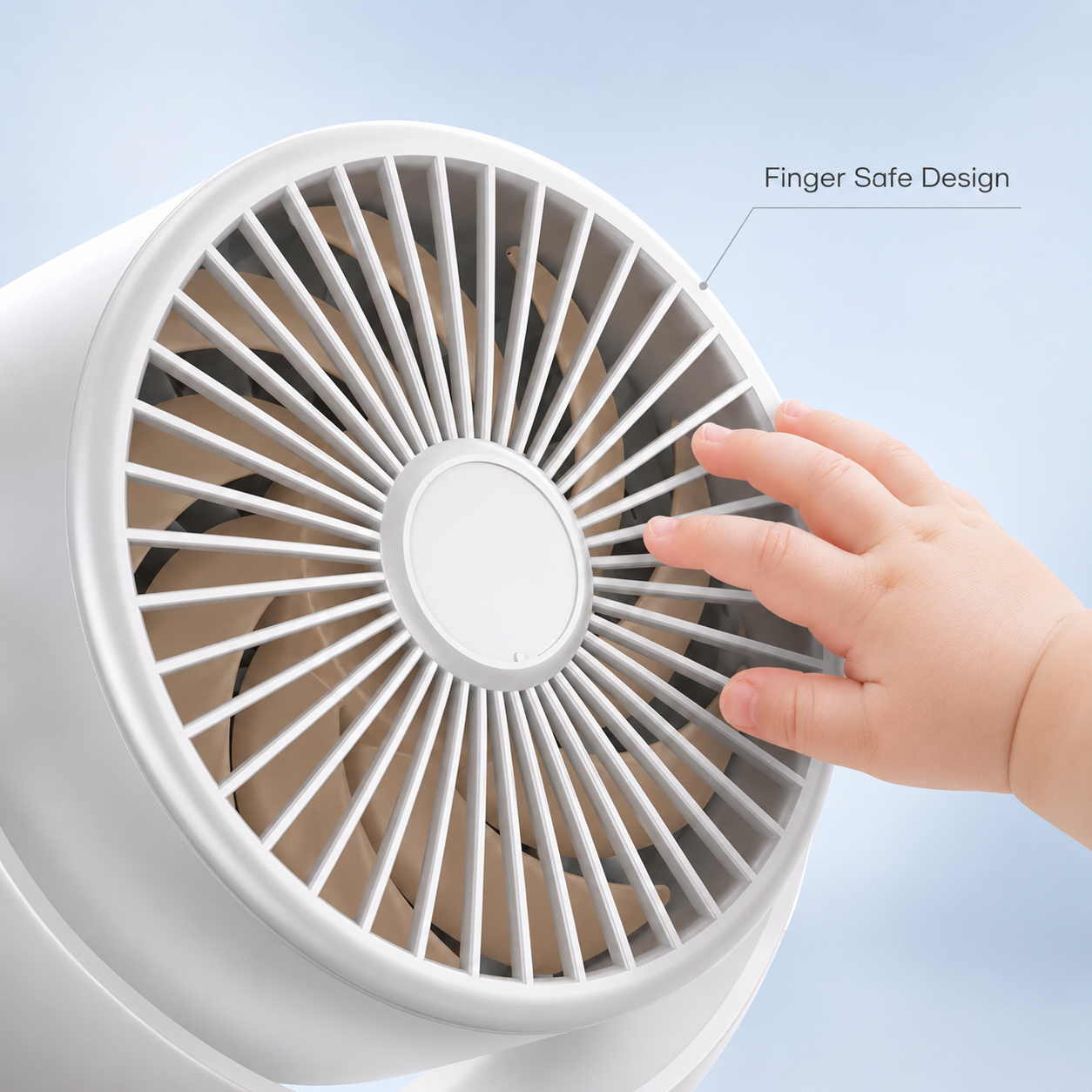 White CapyBreeze pram fan with a finger-safe grill, showing a baby's hand touching the protective design.
