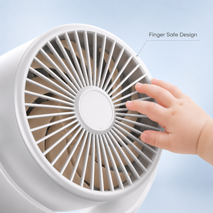 White CapyBreeze pram fan with a finger-safe grill, showing a baby's hand touching the protective design.