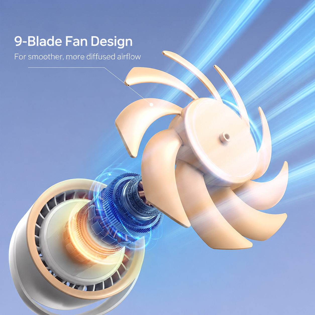CapyBreeze pram fan's internal 9-blade design in beige, showing smooth airflow for diffused cooling.