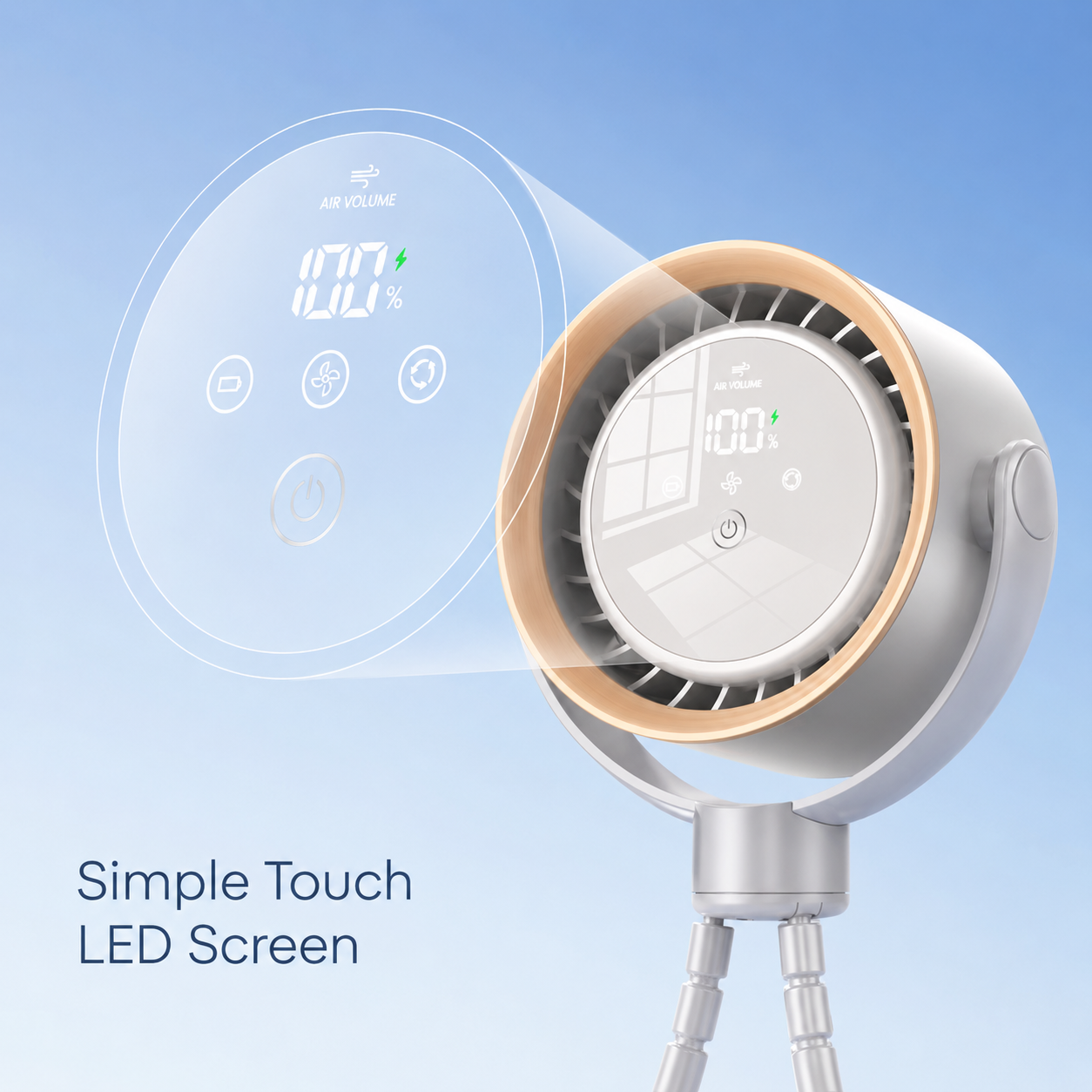 White CapyBreeze pram fan with a light wood-look trim, flexible tripod, and illuminated LED touch display showing "100% Air Volume.