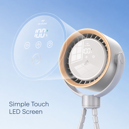 White CapyBreeze pram fan with a light wood-look trim, flexible tripod, and illuminated LED touch display showing "100% Air Volume.
