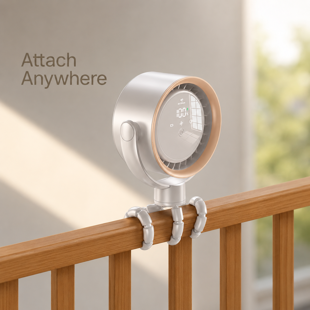 Silver CapyBreeze pram fan with a bronze accent and LED display, attached to a wooden railing by flexible white legs.
