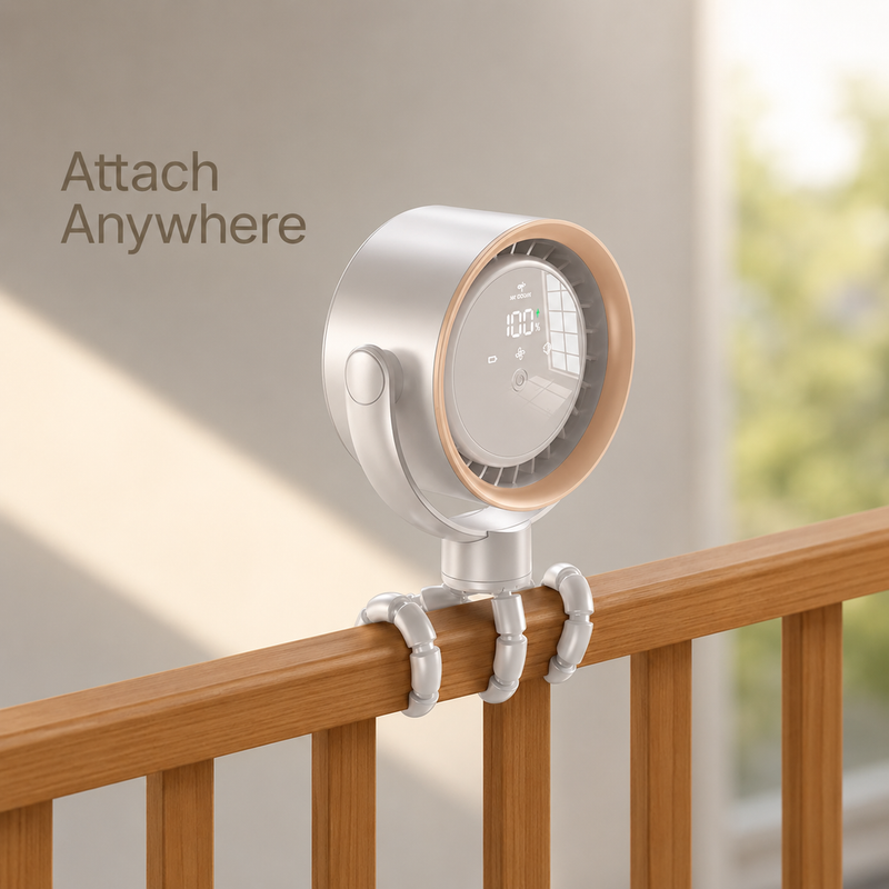 Silver CapyBreeze pram fan with a bronze accent and LED display, attached to a wooden railing by flexible white legs.