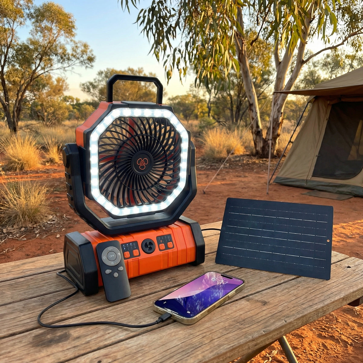 Portable camping fan with solar panel and phone charging