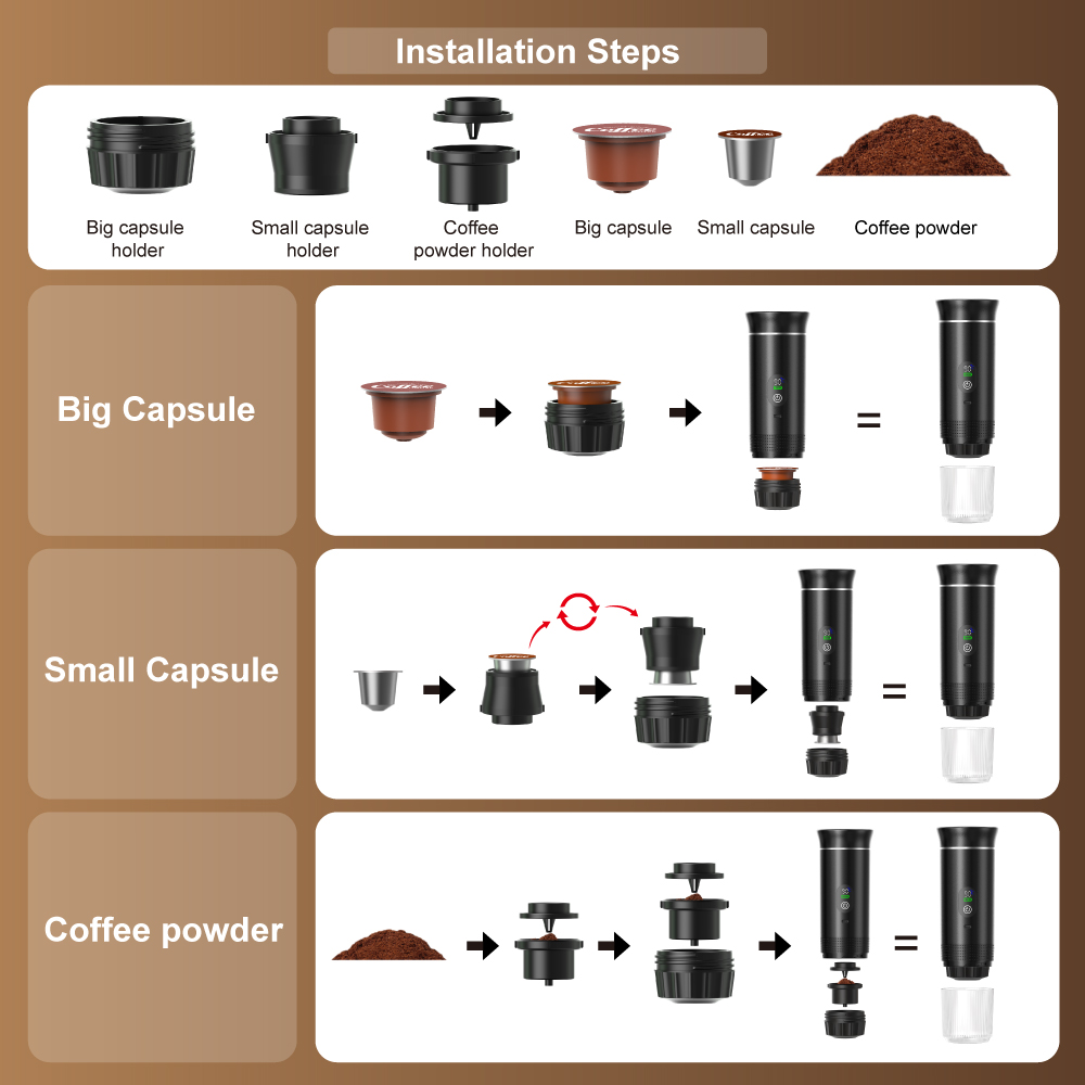 Installation steps for the black CapyPress 3-in-1 portable coffee machine, showing capsule and ground coffee options.