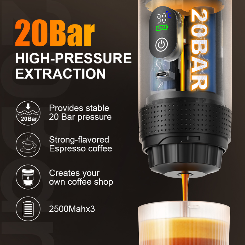 CapyPress 3-in-1 portable coffee machine in black, brewing espresso into a clear glass.