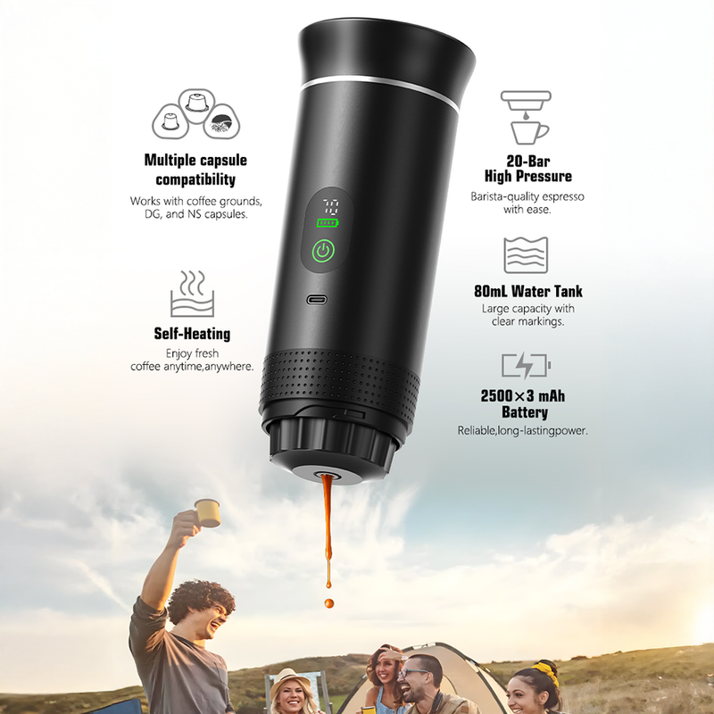 Black CapyPress 3-in-1 portable coffee machine brewing espresso outdoors for happy campers.