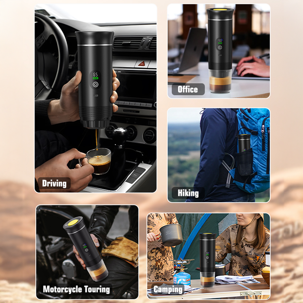 Black CapyPress 3-in-1 portable coffee machine with yellow accents, brewing espresso in various outdoor and indoor settings.