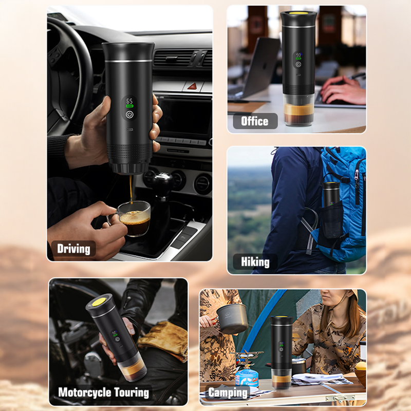 Black CapyPress 3-in-1 portable coffee machine with yellow accents, brewing espresso in various outdoor and indoor settings.