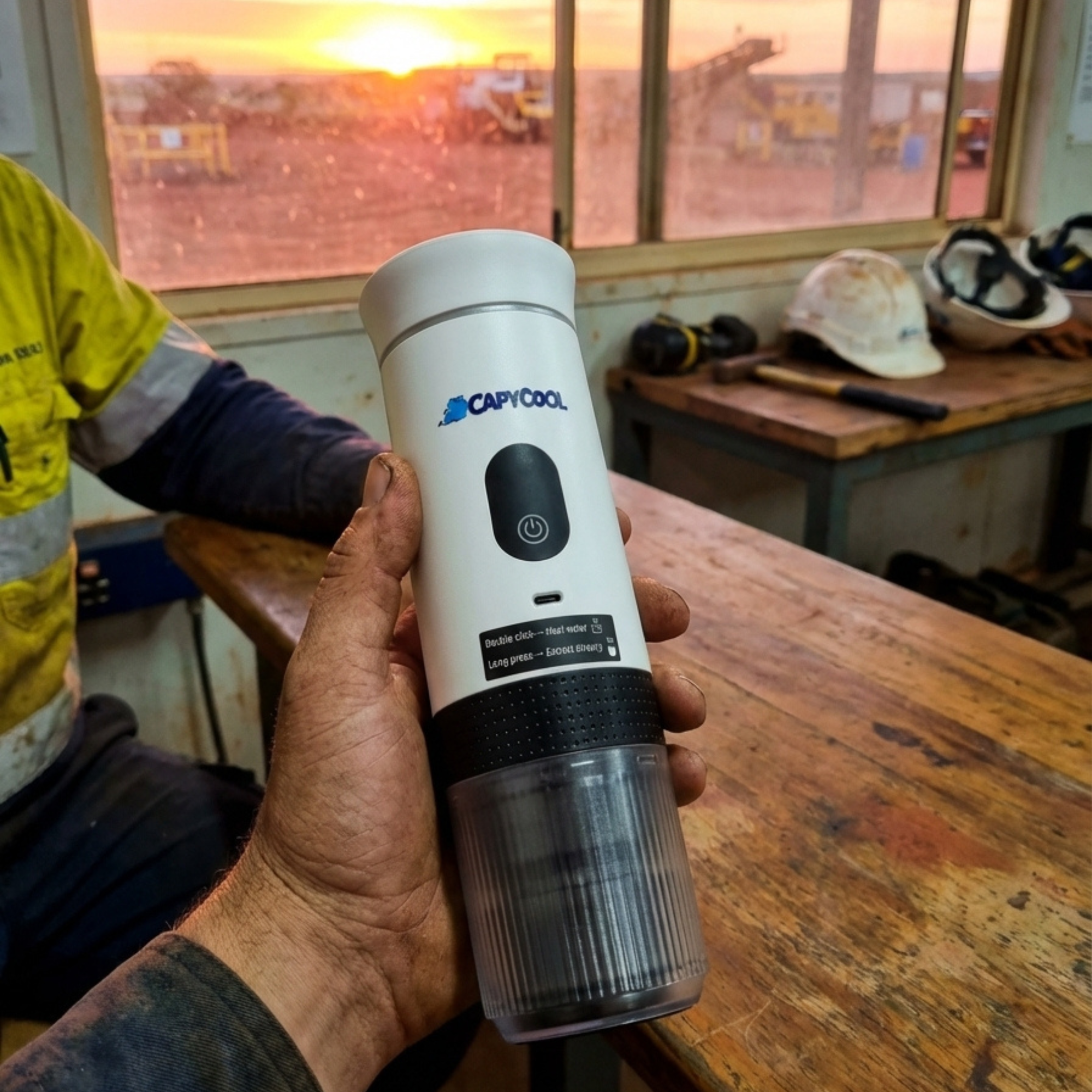 White CapyCool portable coffee machine with black base, held by a person in a work environment at sunset.
