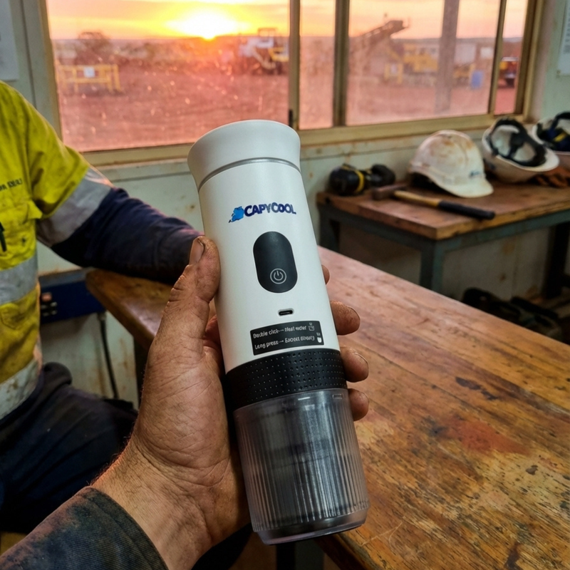 White CapyCool portable coffee machine with black base, held by a person in a work environment at sunset.