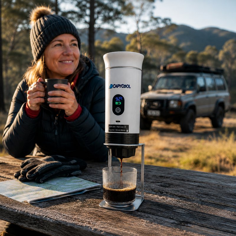 White CapyPress 3-in-1 portable coffee machine brewing espresso outdoors, with a smiling woman and 4x4.