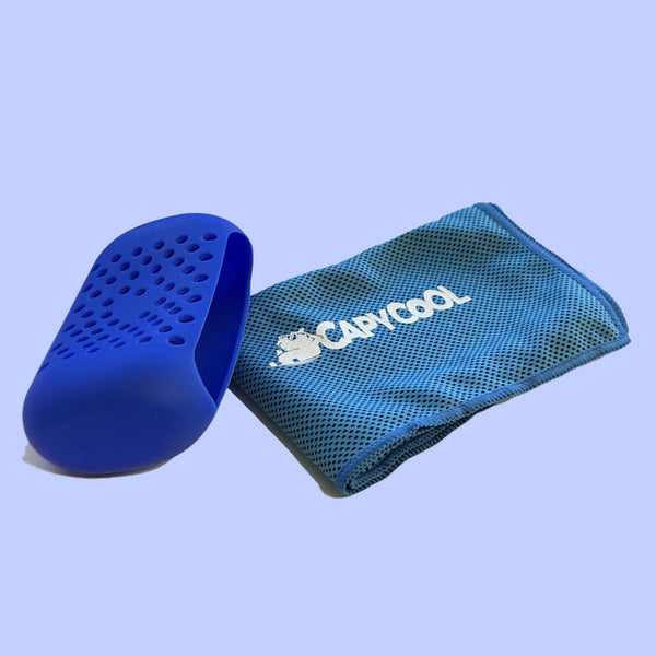 Blue CapyCool cooling towel beside its ventilated silicone carry case