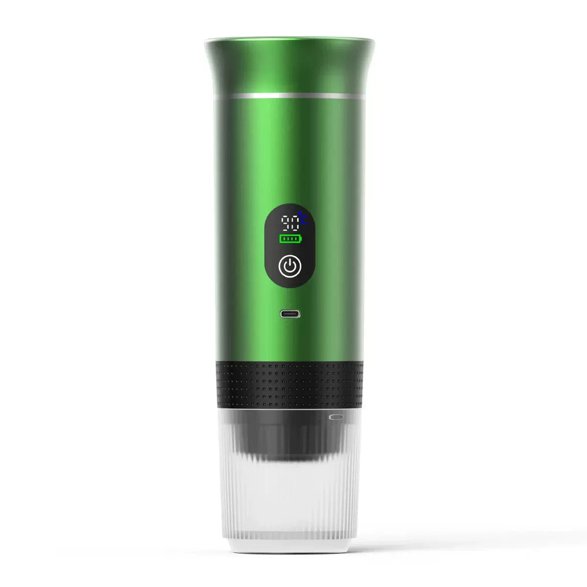 CapyPress 3-in-1 portable coffee machine in vibrant green with a digital display and clear cup.