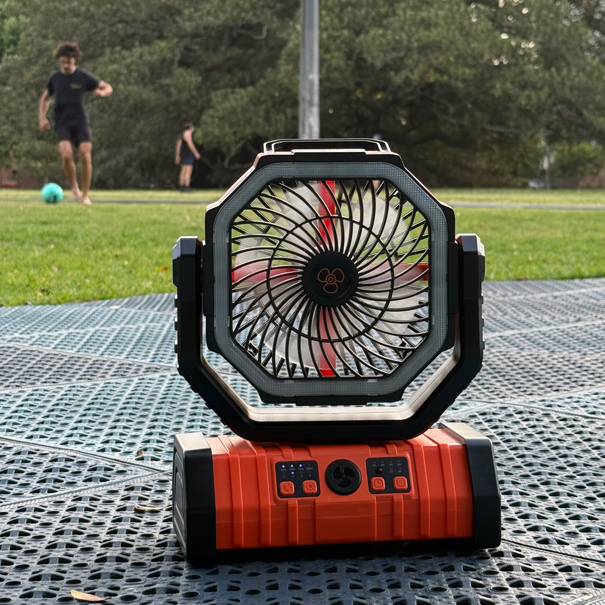 Portable camping fan with LED light and solar charging