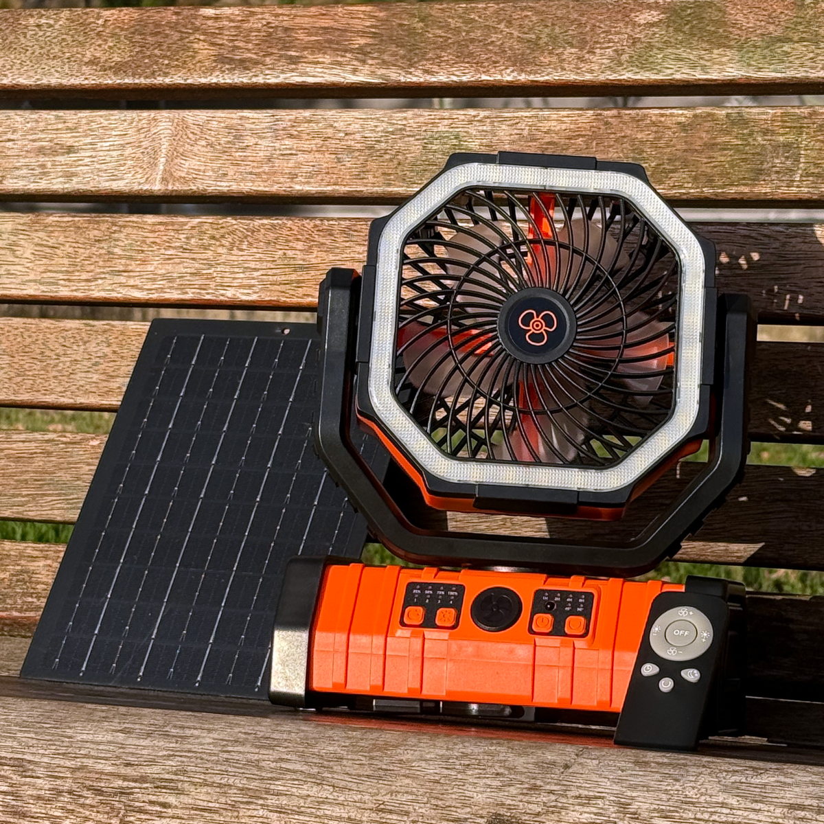 Portable camping fan with solar panel and remote control