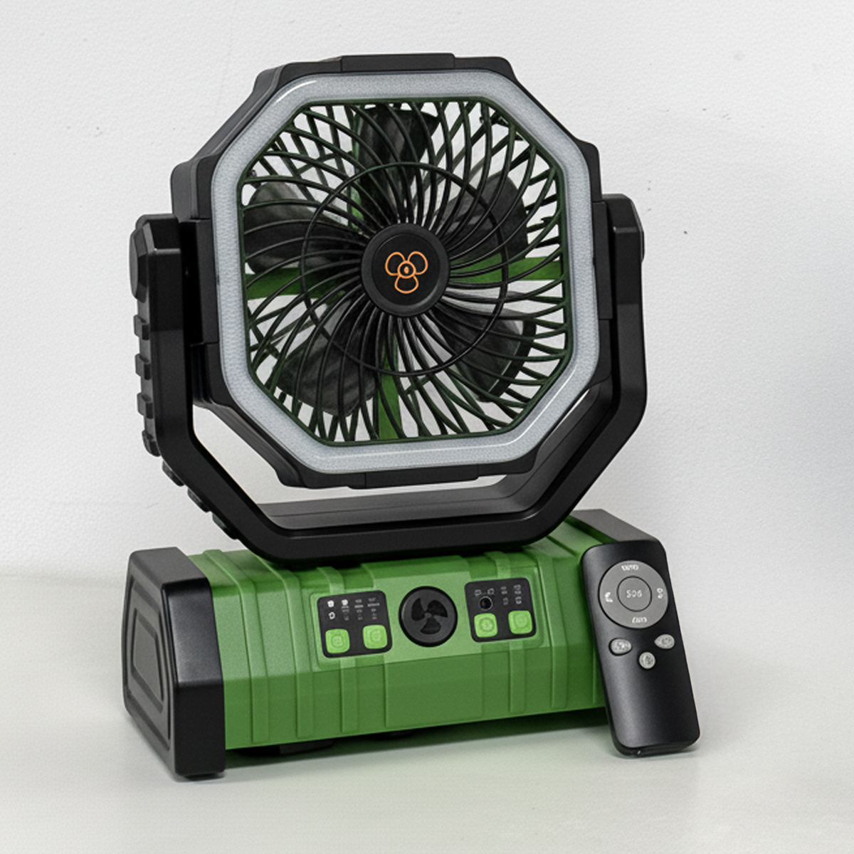 Green and black portable camping fan with LED light