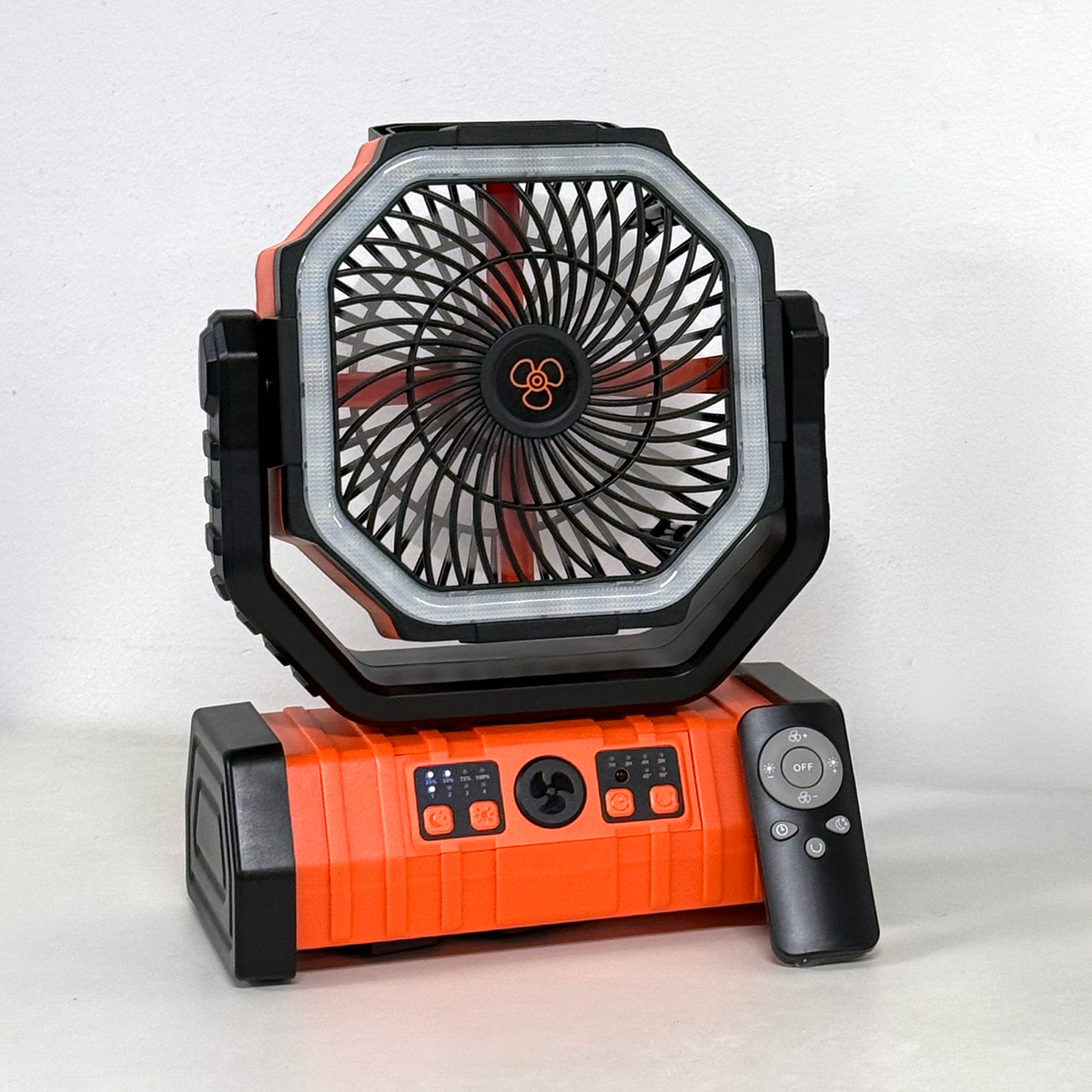 Orange and black portable outdoor camping fan
