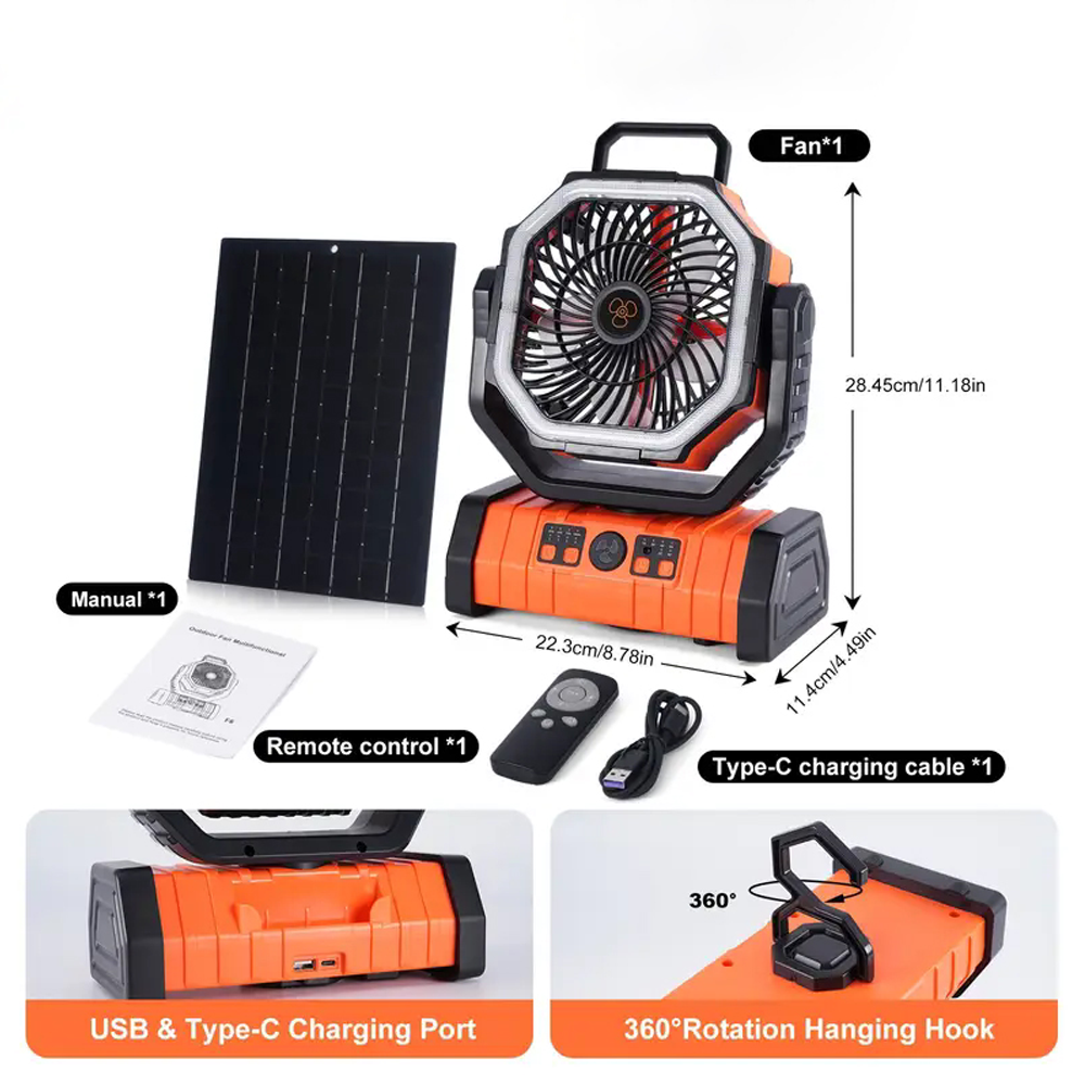 Portable camping fan with solar panel, remote and charging cable