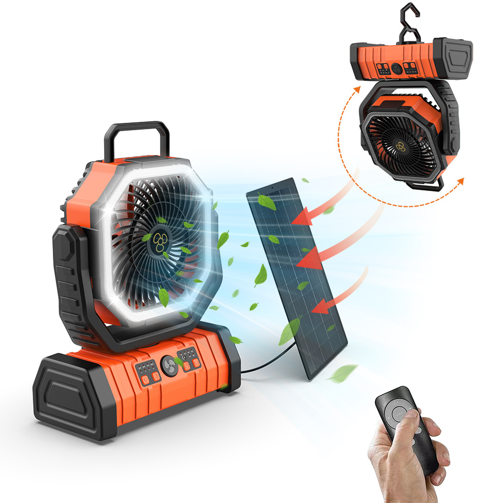 Portable camping fan with hanging hook and solar panel