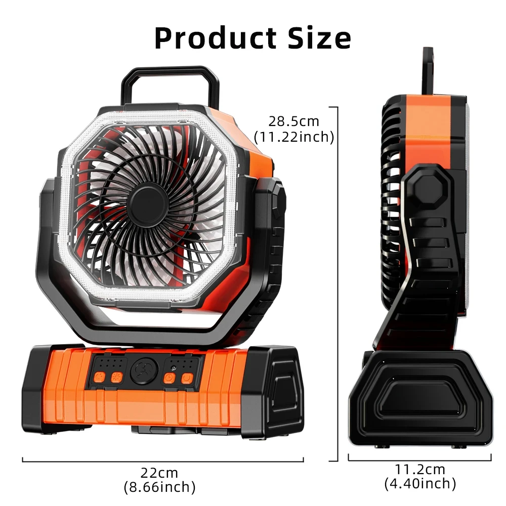 Portable camping fan showing front and side dimensions