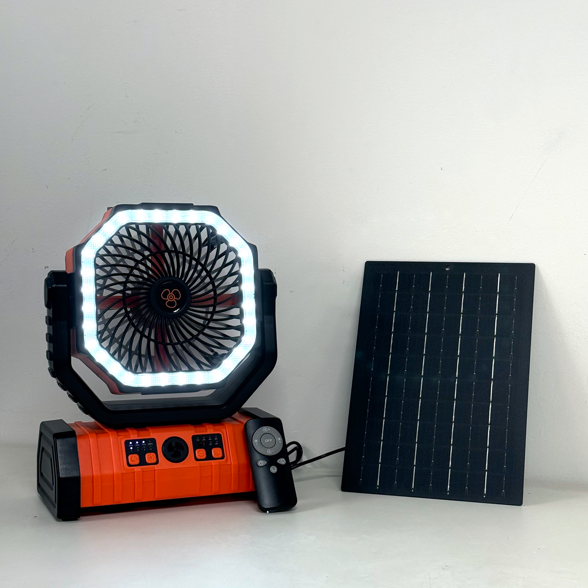 Portable camping fan with LED light, remote and solar panel