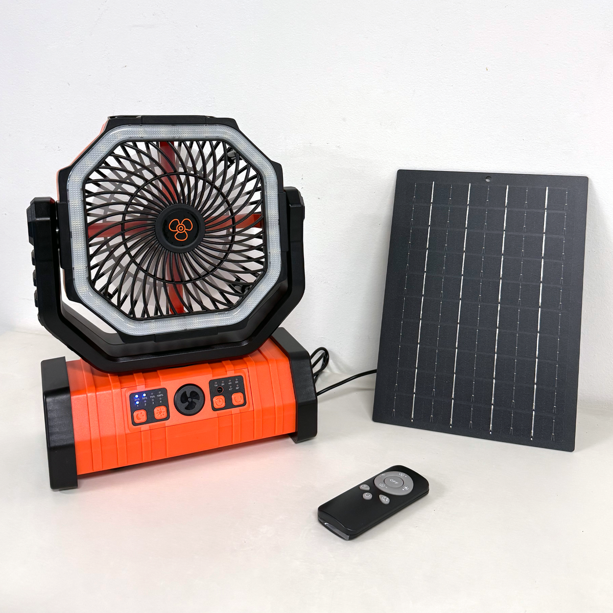 Portable outdoor camping fan with LED light and solar panel