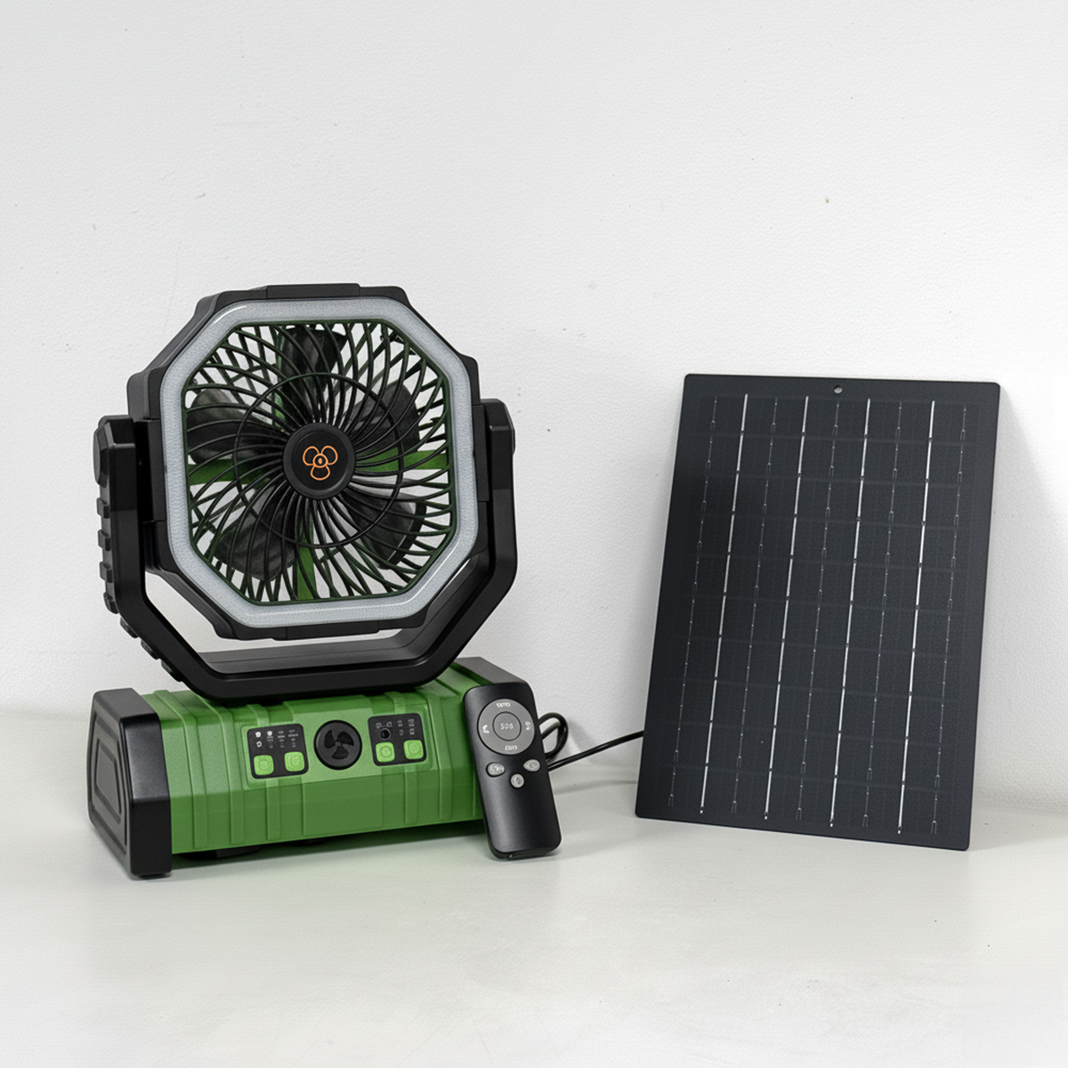 Green portable camping fan with solar charging panel