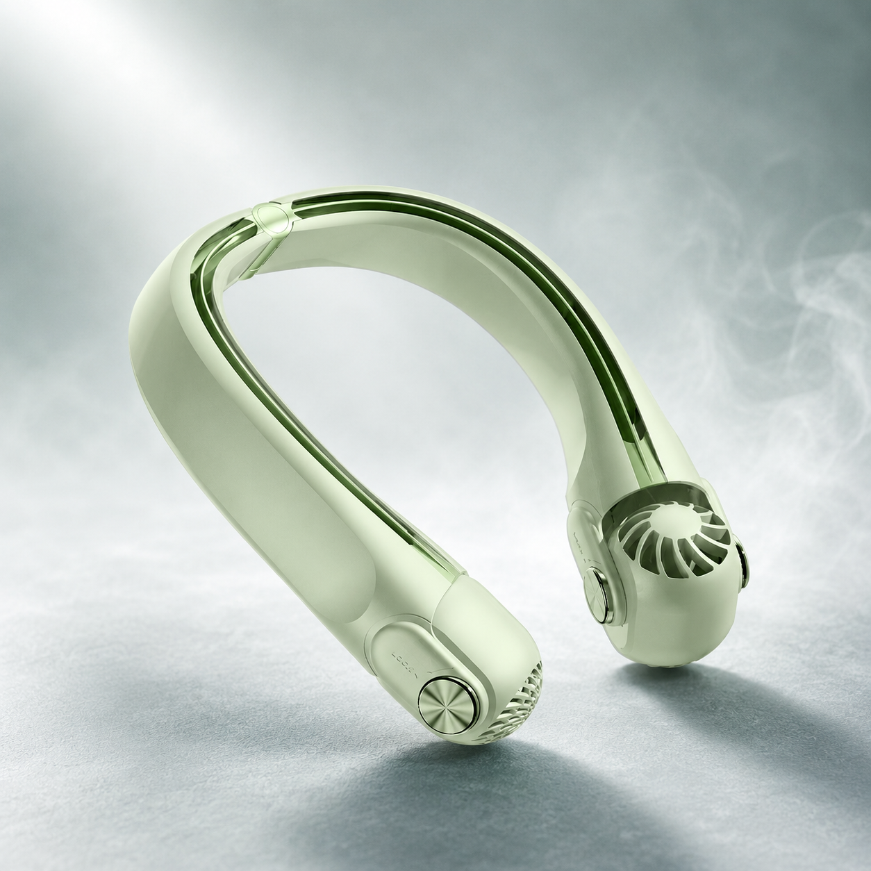 Light green directional rotor neck fan with adjustable vents and metallic controls.