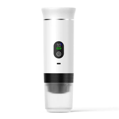 White CapyPress 3-in-1 portable coffee machine with digital display, power button, textured grip, and clear cup.
