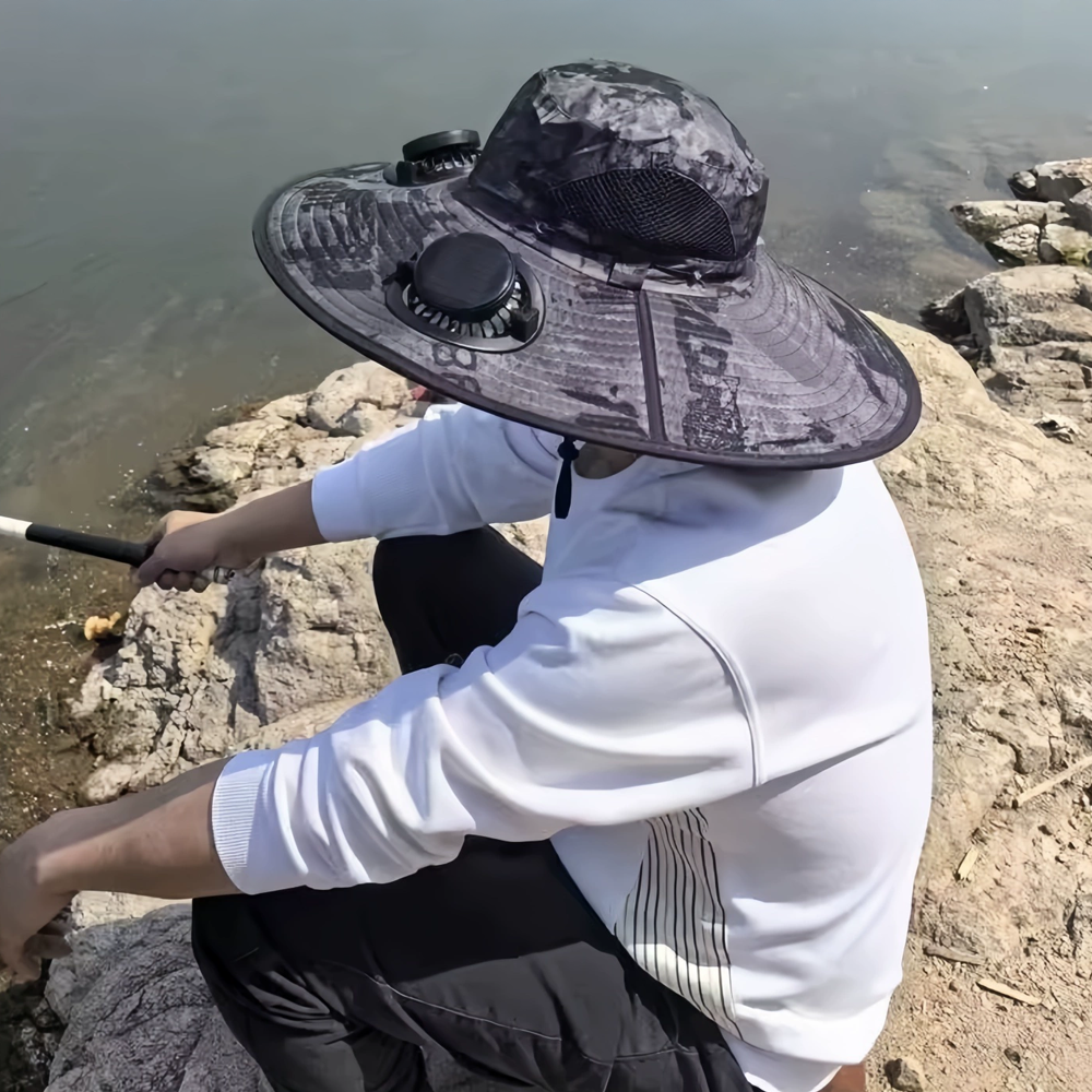Dual Fan Wide Brim Hat with Solar Charging